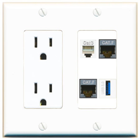 RiteAV 2 CAT7 PHONE USB-3 Wall Plate with 15A Power Outlet [White]