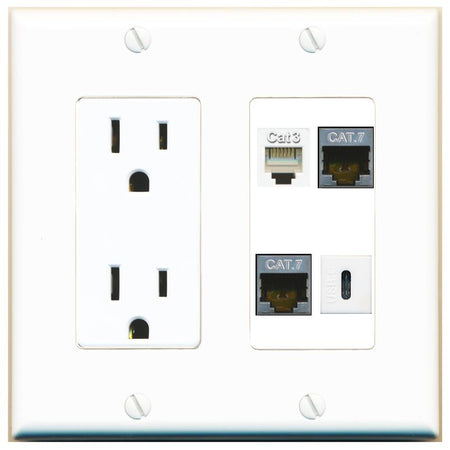 RiteAV 2 CAT7 PHONE USBC Wall Plate with 15A Power Outlet [White]