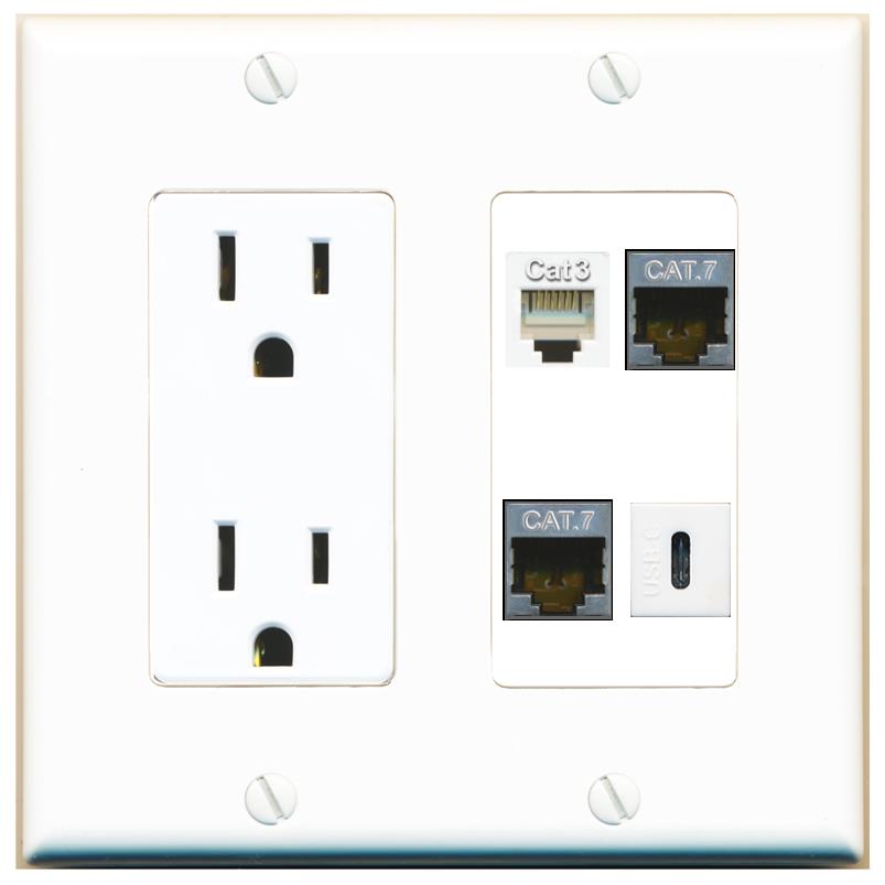 RiteAV 2 CAT7 PHONE USBC Wall Plate with 15A Power Outlet [White]