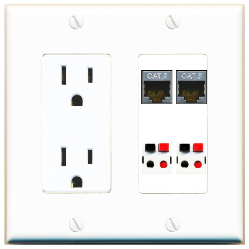 RiteAV 2 CAT7 2 SPEAKER Wall Plate with 15A Power Outlet [White]
