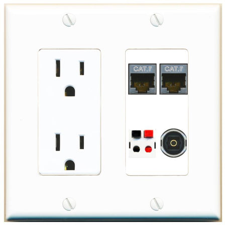 RiteAV 2 CAT7 SPEAKER TOSLINK Wall Plate with 15A Power Outlet [White]