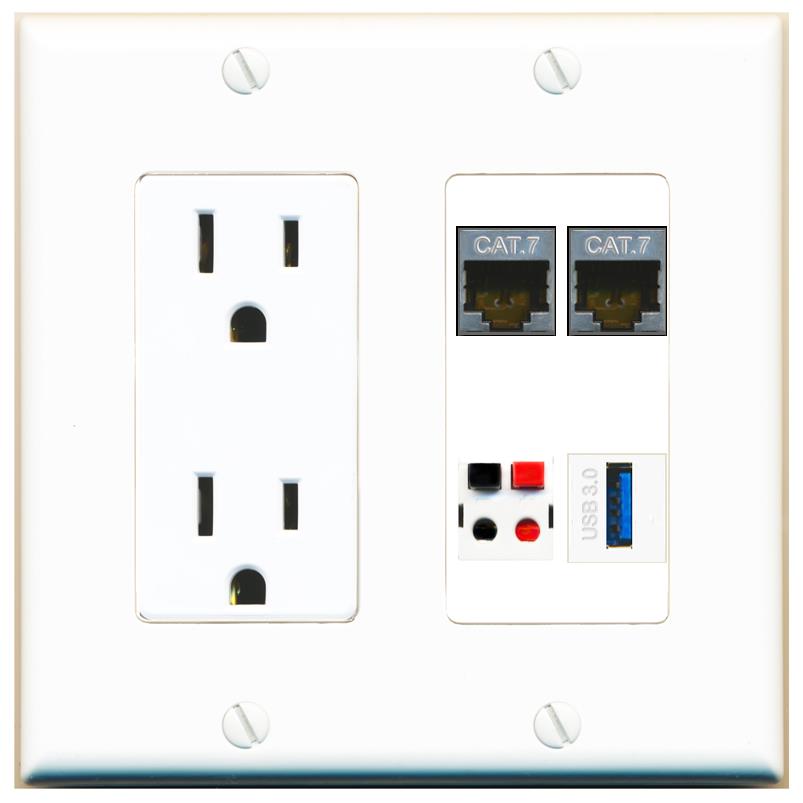 RiteAV 2 CAT7 SPEAKER USB-3 Wall Plate with 15A Power Outlet [White]