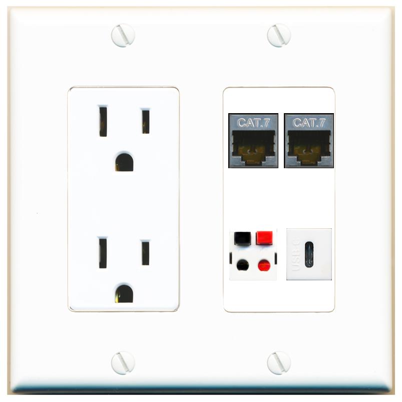RiteAV 2 CAT7 SPEAKER USBC Wall Plate with 15A Power Outlet [White]