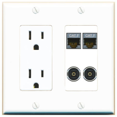 RiteAV 2 CAT7 2 TOSLINK Wall Plate with 15A Power Outlet [White]