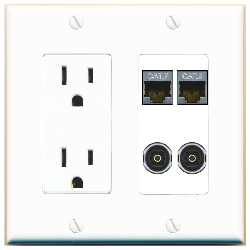 RiteAV 2 CAT7 2 TOSLINK Wall Plate with 15A Power Outlet [White]