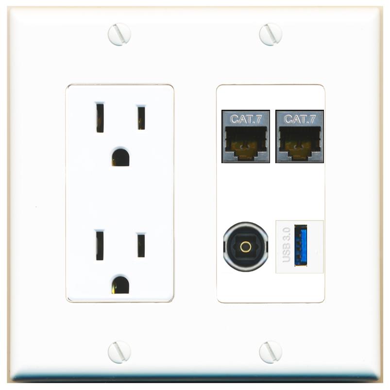 RiteAV 2 CAT7 TOSLINK USB-3 Wall Plate with 15A Power Outlet [White]