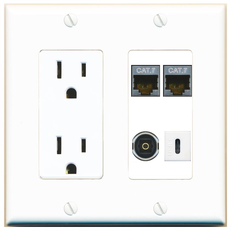 RiteAV 2 CAT7 TOSLINK USBC Wall Plate with 15A Power Outlet [White]