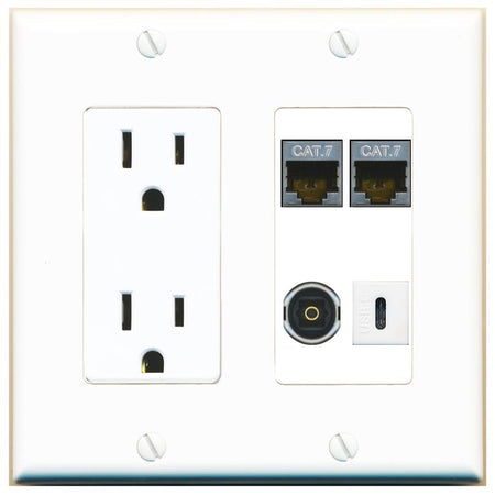 RiteAV 2 CAT7 TOSLINK USBC Wall Plate with 15A Power Outlet [White]
