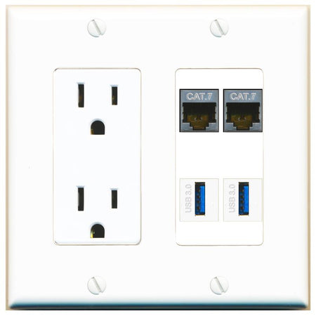 RiteAV 2 CAT7 2 USB-3 Wall Plate with 15A Power Outlet [White]