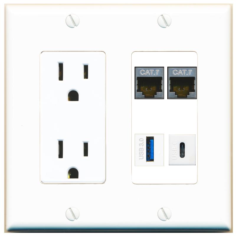 RiteAV 2 CAT7 USB-3 USBC Wall Plate with 15A Power Outlet [White]