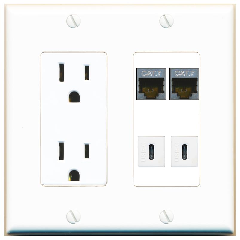 RiteAV 2 CAT7 2 USBC Wall Plate with 15A Power Outlet [White]