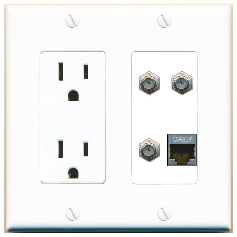 RiteAV CAT7 3 COAX Wall Plate with 15A Power Outlet [White]