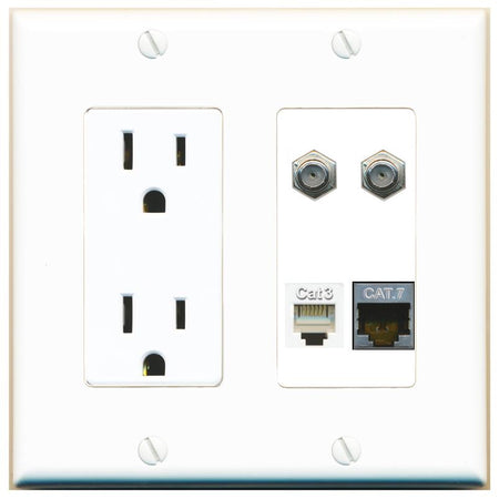 RiteAV CAT7 2 COAX PHONE Wall Plate with 15A Power Outlet [White]