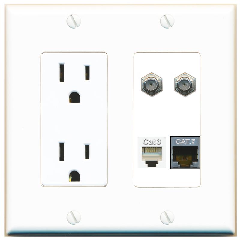 RiteAV CAT7 2 COAX PHONE Wall Plate with 15A Power Outlet [White]