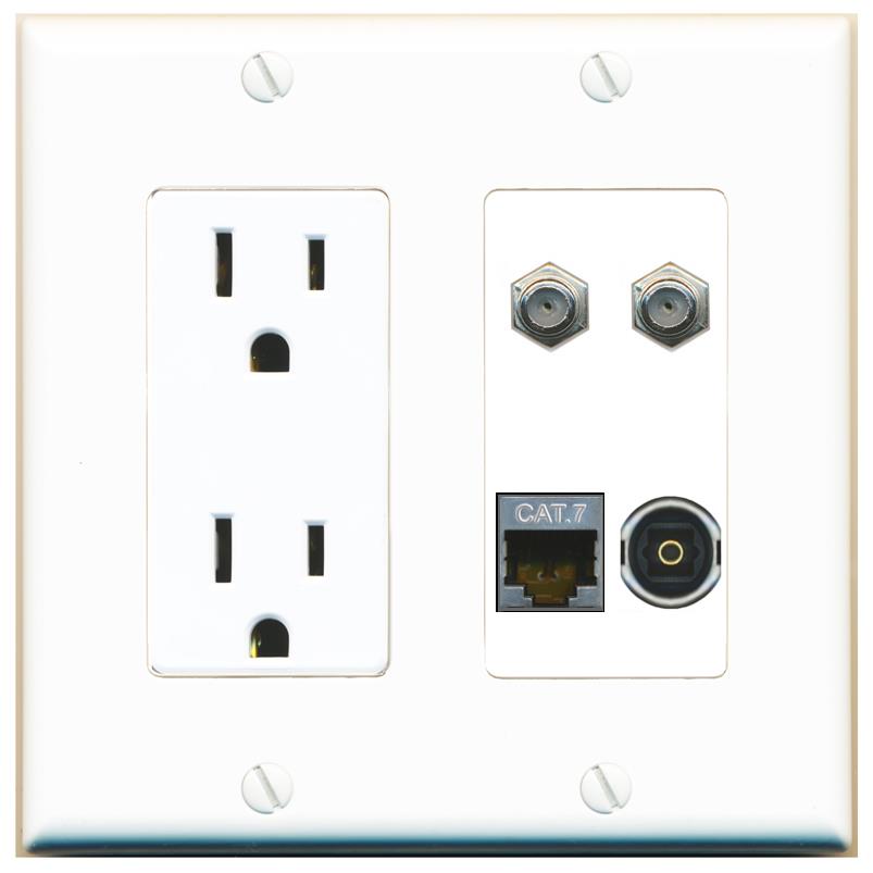 RiteAV CAT7 2 COAX TOSLINK Wall Plate with 15A Power Outlet [White]
