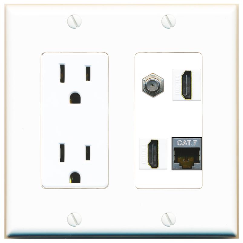 RiteAV CAT7 COAX 2 HDMI Wall Plate with 15A Power Outlet [White]