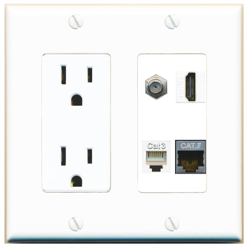 RiteAV CAT7 COAX HDMI PHONE Wall Plate with 15A Power Outlet [White]