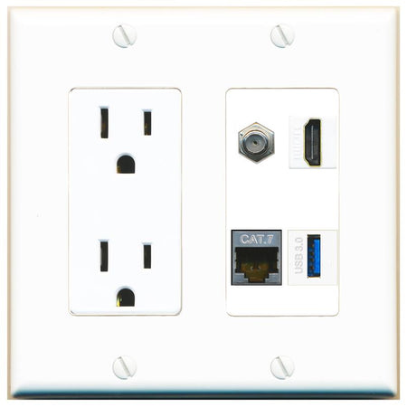 RiteAV CAT7 COAX HDMI USB-3 Wall Plate with 15A Power Outlet [White]
