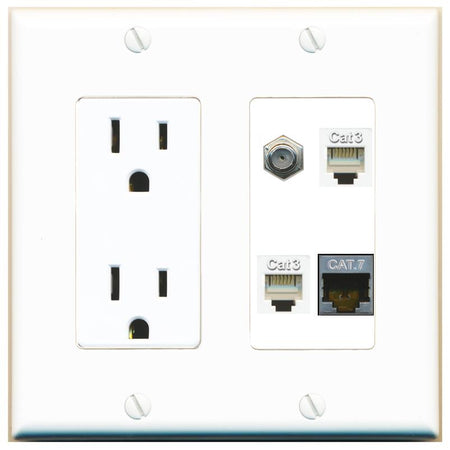 RiteAV CAT7 COAX 2 PHONE Wall Plate with 15A Power Outlet [White]