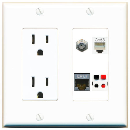 RiteAV CAT7 COAX PHONE SPEAKER Wall Plate with 15A Power Outlet [White]