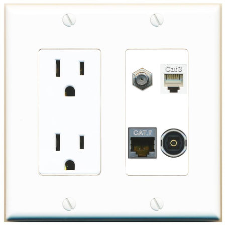 RiteAV CAT7 COAX PHONE TOSLINK Wall Plate with 15A Power Outlet [White]