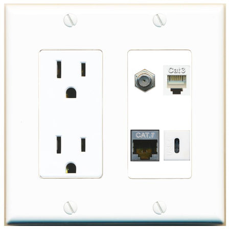 RiteAV CAT7 COAX PHONE USBC Wall Plate with 15A Power Outlet [White]