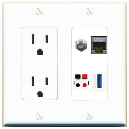RiteAV CAT7 COAX SPEAKER USB-3 Wall Plate with 15A Power Outlet [White]