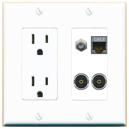 RiteAV CAT7 COAX 2 TOSLINK Wall Plate with 15A Power Outlet [White]