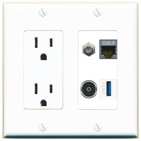 RiteAV CAT7 COAX TOSLINK USB-3 Wall Plate with 15A Power Outlet [White]
