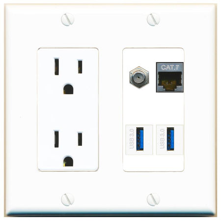 RiteAV CAT7 COAX 2 USB-3 Wall Plate with 15A Power Outlet [White]