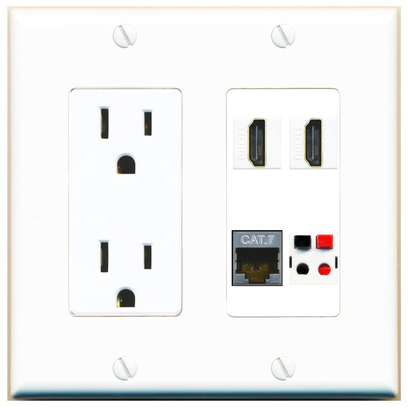 RiteAV CAT7 2 HDMI SPEAKER Wall Plate with 15A Power Outlet [White]