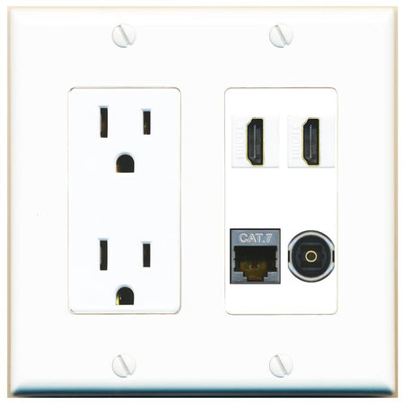 RiteAV CAT7 2 HDMI TOSLINK Wall Plate with 15A Power Outlet [White]