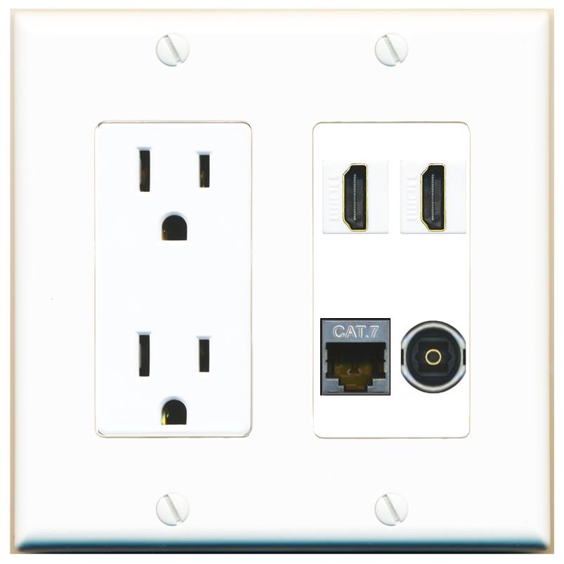 RiteAV CAT7 2 HDMI TOSLINK Wall Plate with 15A Power Outlet [White]