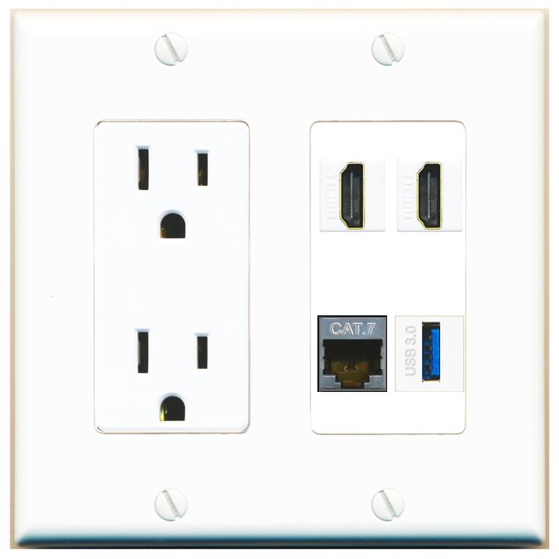 RiteAV CAT7 2 HDMI USB-3 Wall Plate with 15A Power Outlet [White]