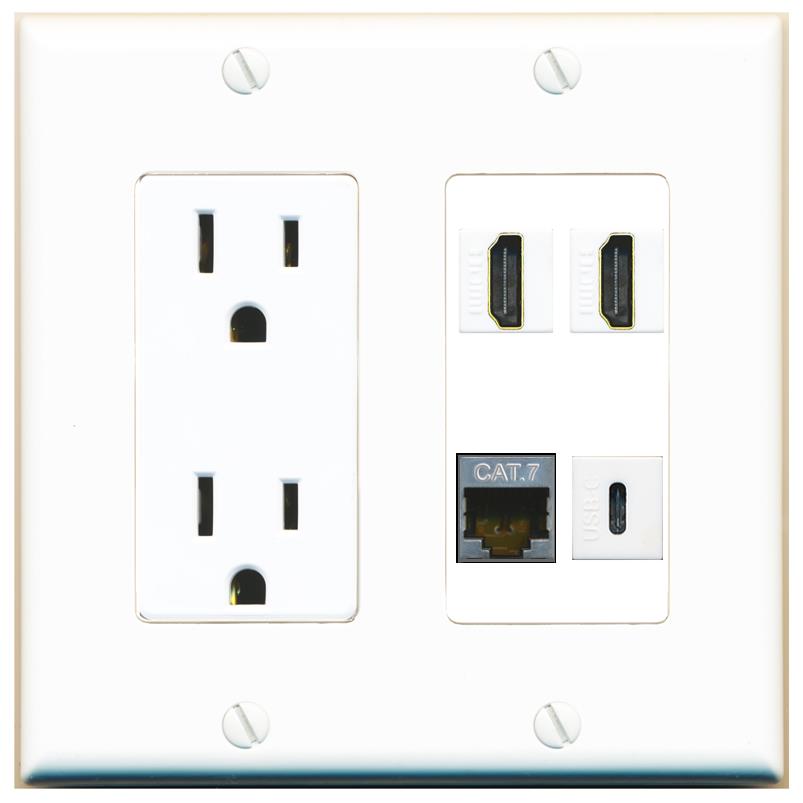 RiteAV CAT7 2 HDMI USBC Wall Plate with 15A Power Outlet [White]
