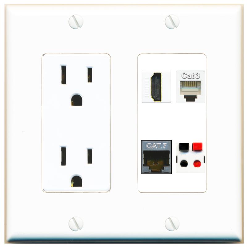 RiteAV CAT7 HDMI PHONE SPEAKER Wall Plate with 15A Power Outlet [White]