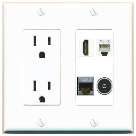 RiteAV CAT7 HDMI PHONE TOSLINK Wall Plate with 15A Power Outlet [White]