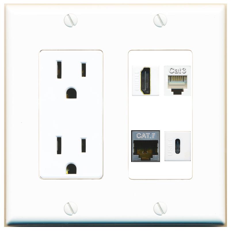 RiteAV CAT7 HDMI PHONE USBC Wall Plate with 15A Power Outlet [White]