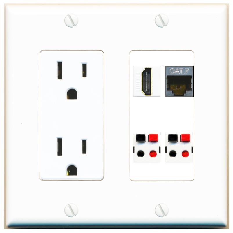 RiteAV CAT7 HDMI 2 SPEAKER Wall Plate with 15A Power Outlet [White]