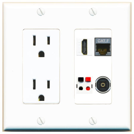 RiteAV CAT7 HDMI SPEAKER TOSLINK Wall Plate with 15A Power Outlet [White]