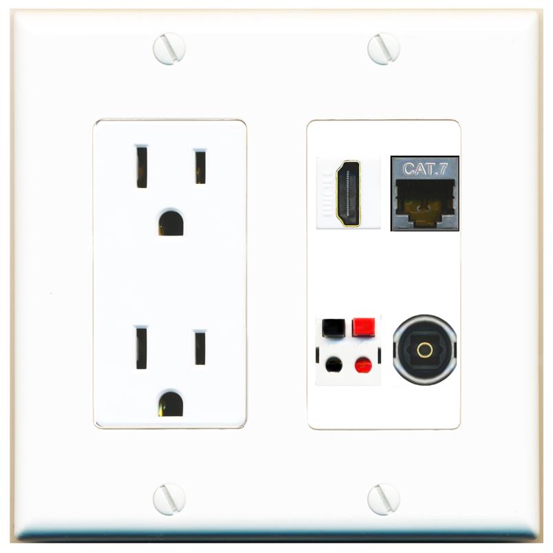 RiteAV CAT7 HDMI SPEAKER TOSLINK Wall Plate with 15A Power Outlet [White]