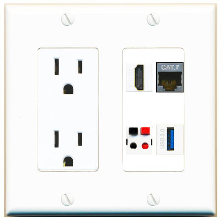 RiteAV CAT7 HDMI SPEAKER USB-3 Wall Plate with 15A Power Outlet [White]