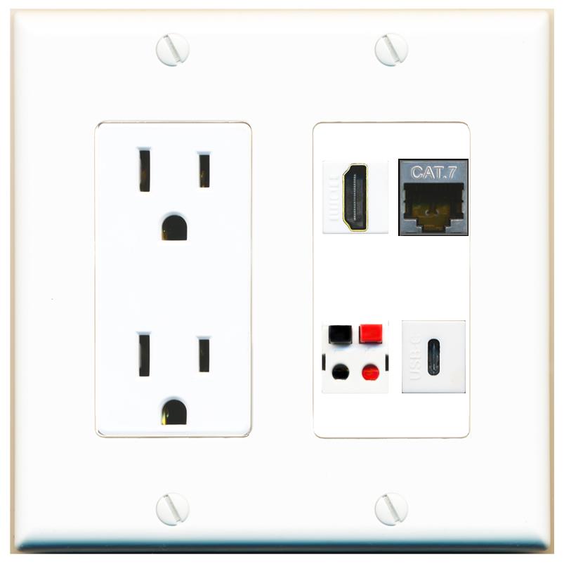 RiteAV CAT7 HDMI SPEAKER USBC Wall Plate with 15A Power Outlet [White]