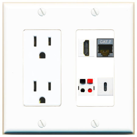 RiteAV CAT7 HDMI SPEAKER USBC Wall Plate with 15A Power Outlet [White]