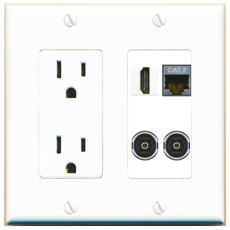 RiteAV CAT7 HDMI 2 TOSLINK Wall Plate with 15A Power Outlet [White]