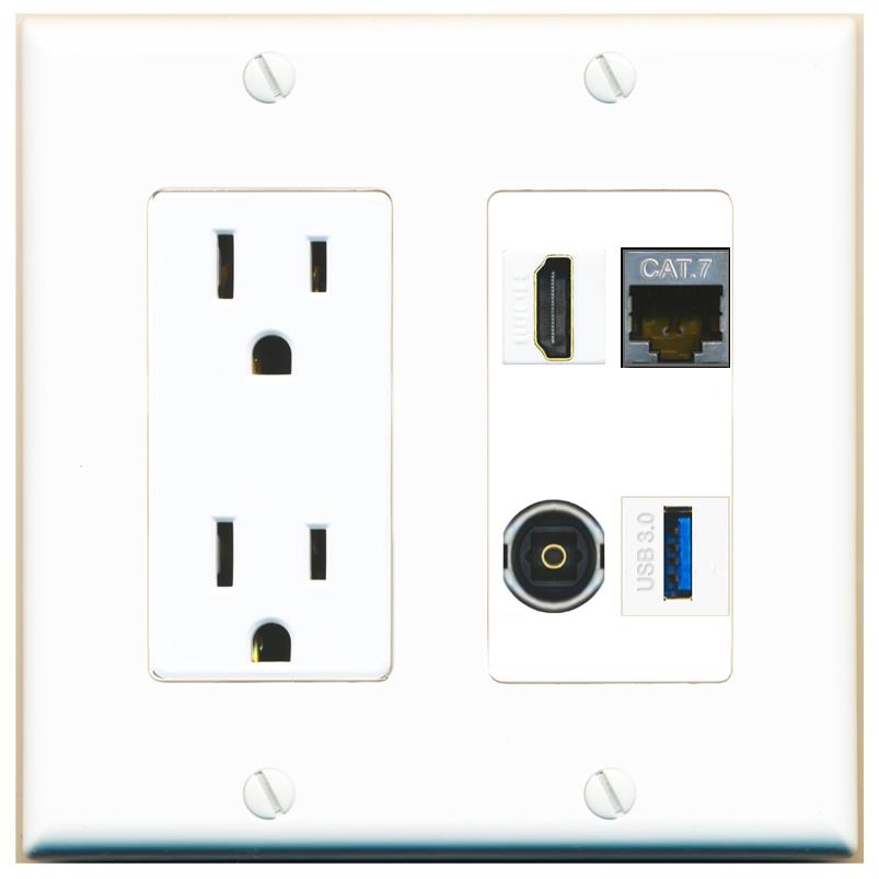 RiteAV CAT7 HDMI TOSLINK USB-3 Wall Plate with 15A Power Outlet [White]