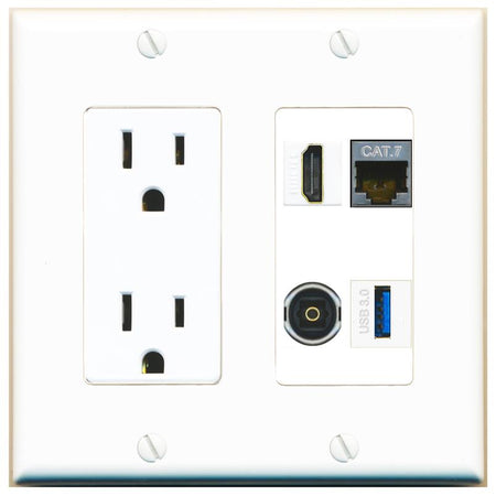 RiteAV CAT7 HDMI TOSLINK USB-3 Wall Plate with 15A Power Outlet [White]