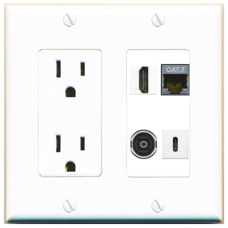 RiteAV CAT7 HDMI TOSLINK USBC Wall Plate with 15A Power Outlet [White]