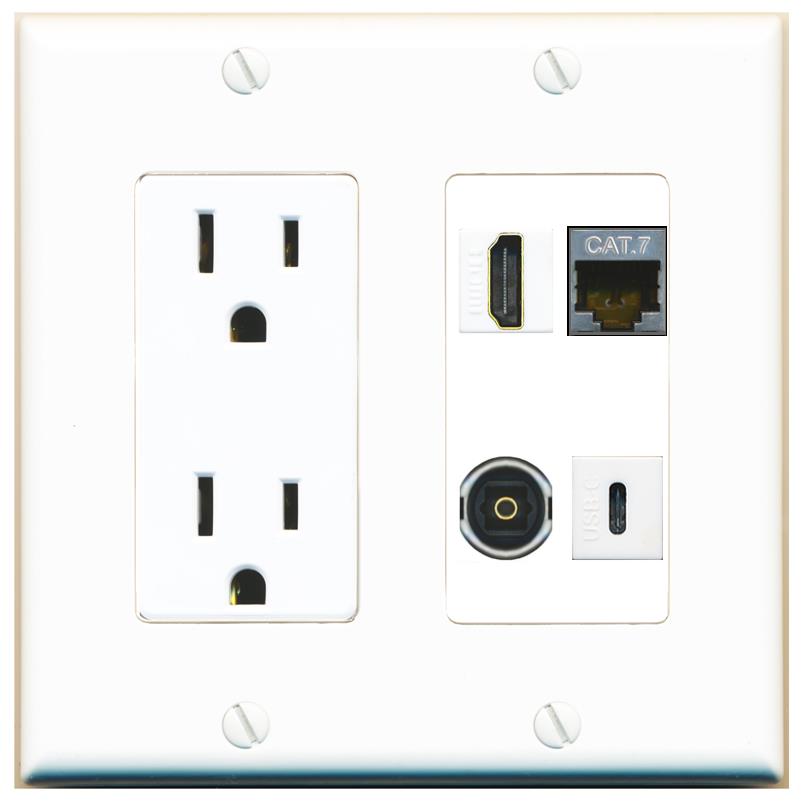 RiteAV CAT7 HDMI TOSLINK USBC Wall Plate with 15A Power Outlet [White]