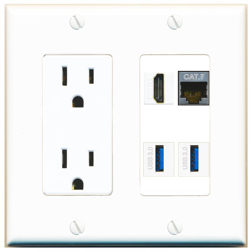 RiteAV CAT7 HDMI 2 USB-3 Wall Plate with 15A Power Outlet [White]